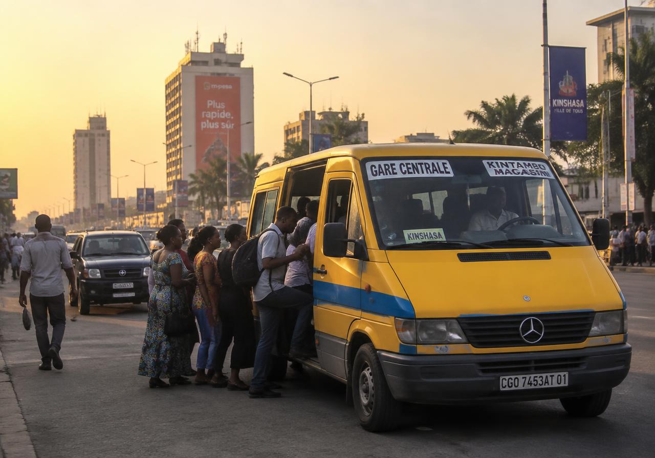 Taxi-bus jaune embarquant des passagers à Kinshasa
